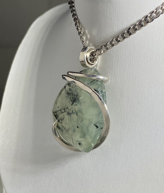 Green Epidote Quartz Handmade Crystal Pendant Wrapped in Silver