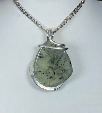 Green Epidote Quartz Handmade Crystal Pendant Wrapped in Silver