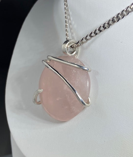 Rose Quartz Handmade Crystal Pendant Wrapped in Silver