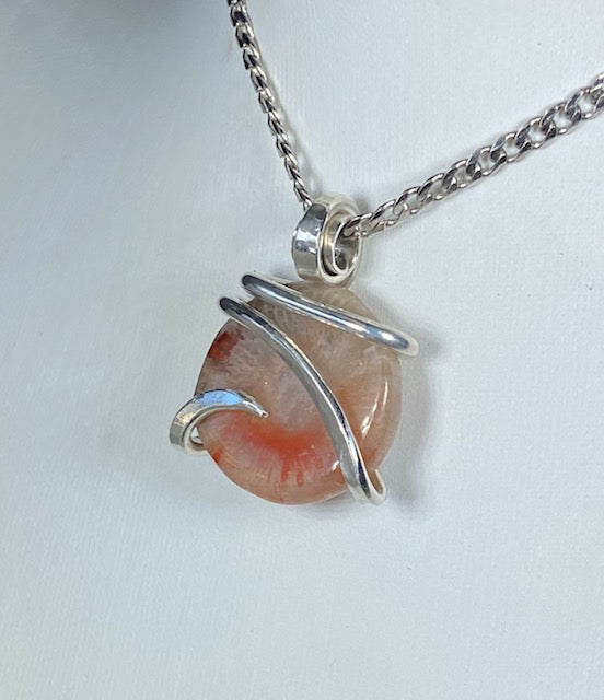 Red Coral Handmade Stone Pendant  Wrapped in Silver