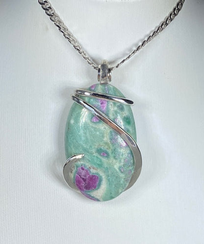 Ruby in Fuchsite Handmade Stone Pendant Wrapped in Silver