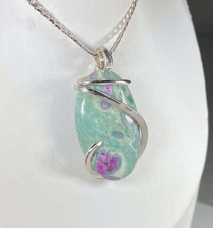 Ruby in Fuchsite Handmade Stone Pendant Wrapped in Silver