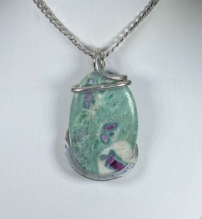 Ruby in Fuchsite Handmade Stone Pendant Wrapped in Silver