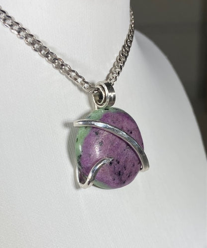 Ruby in Zoisite Handmade Stone Pendant Wrapped in Silver