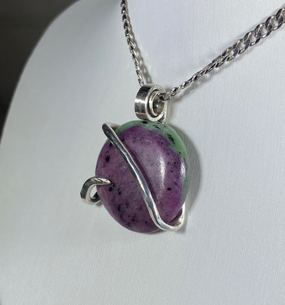 Ruby in Zoisite Handmade Stone Pendant Wrapped in Silver