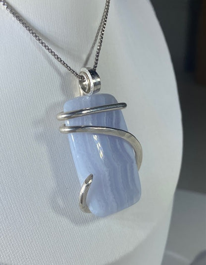 Blue Lace Agate Handmade Stone Pendant Wrapped  in Silver