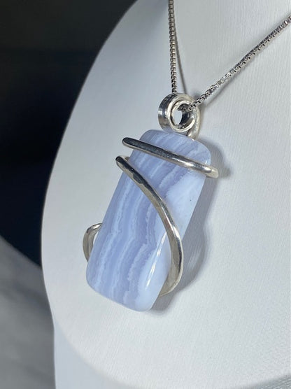 Blue Lace Agate Handmade Stone Pendant Wrapped  in Silver