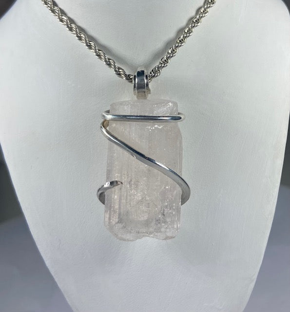 Kunzite Handmade Crystal Pendant Wrapped in Silver