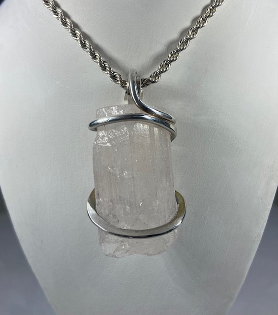 Kunzite Handmade Crystal Pendant Wrapped in Silver