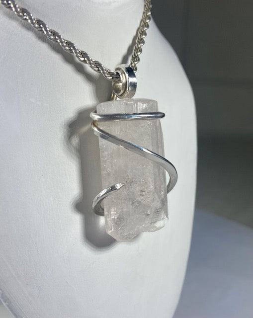 Kunzite Handmade Crystal Pendant Wrapped in Silver