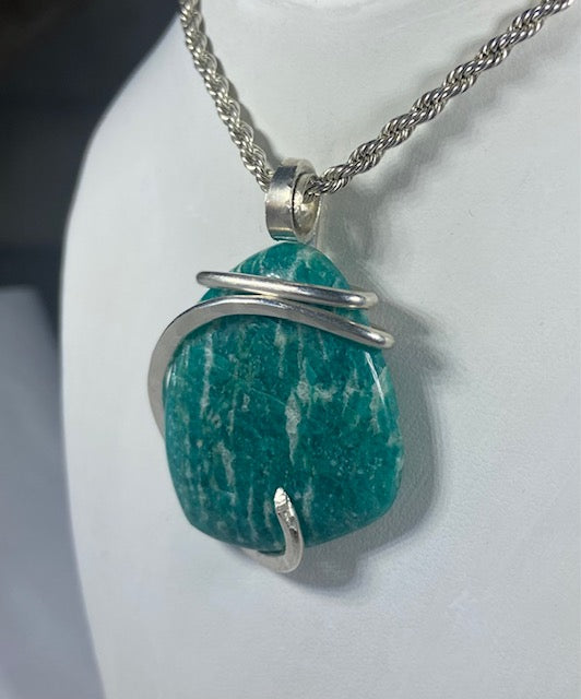 Amazonite  Handmade Stone Pendant  Wrapped in Silver