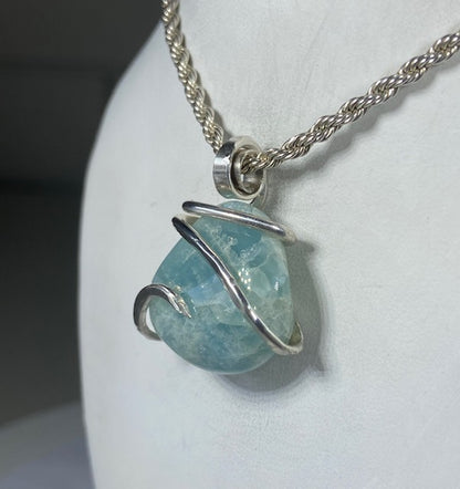 Aquamarine Handmade Crystal Pendant Wrapped in Silver