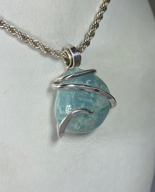 Aquamarine Handmade Crystal Pendant Wrapped in Silver