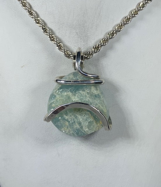 Aquamarine Handmade Crystal Pendant Wrapped in Silver