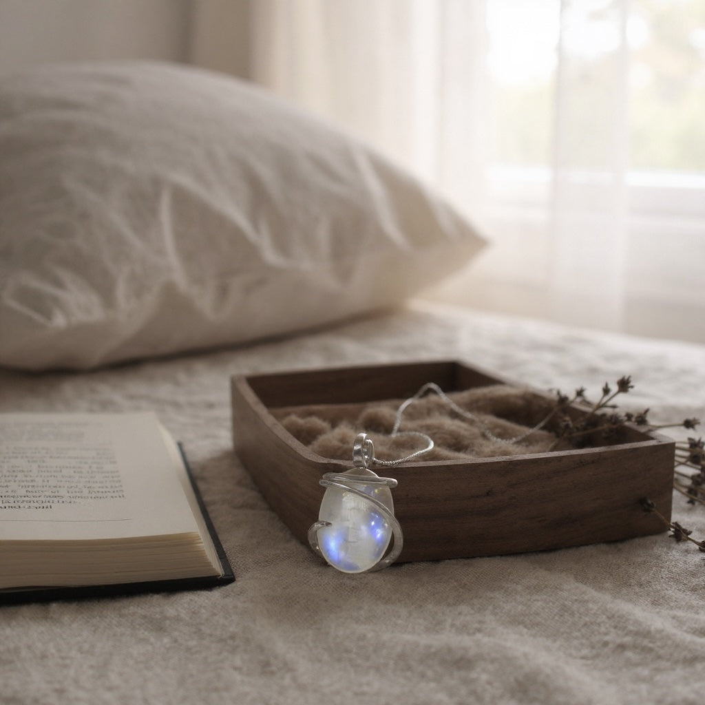 Rainbow Moonstone Handmade Crystal Pendant Wrapped in Silver