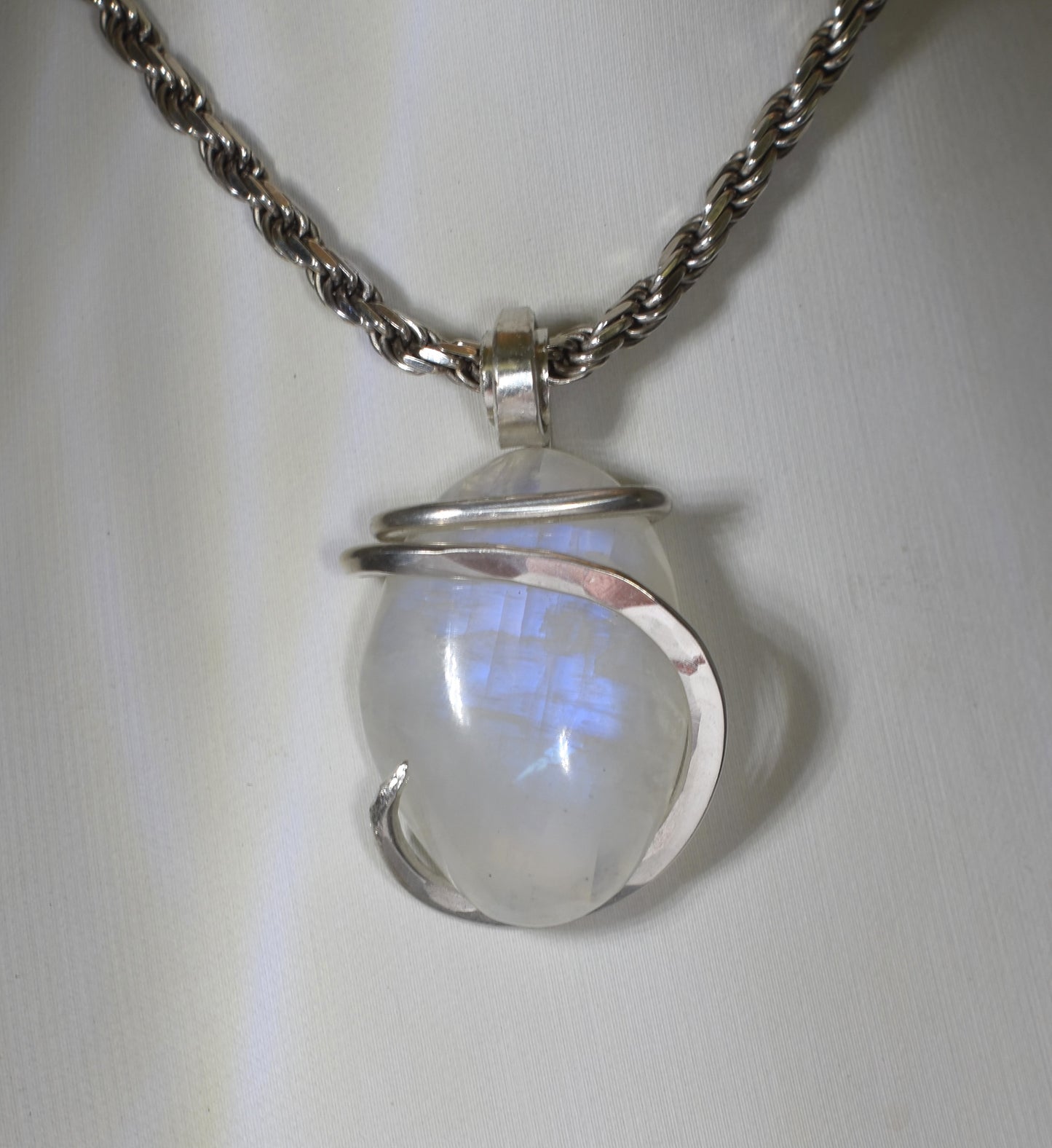 Rainbow Moonstone Handmade Crystal Pendant Wrapped in Silver
