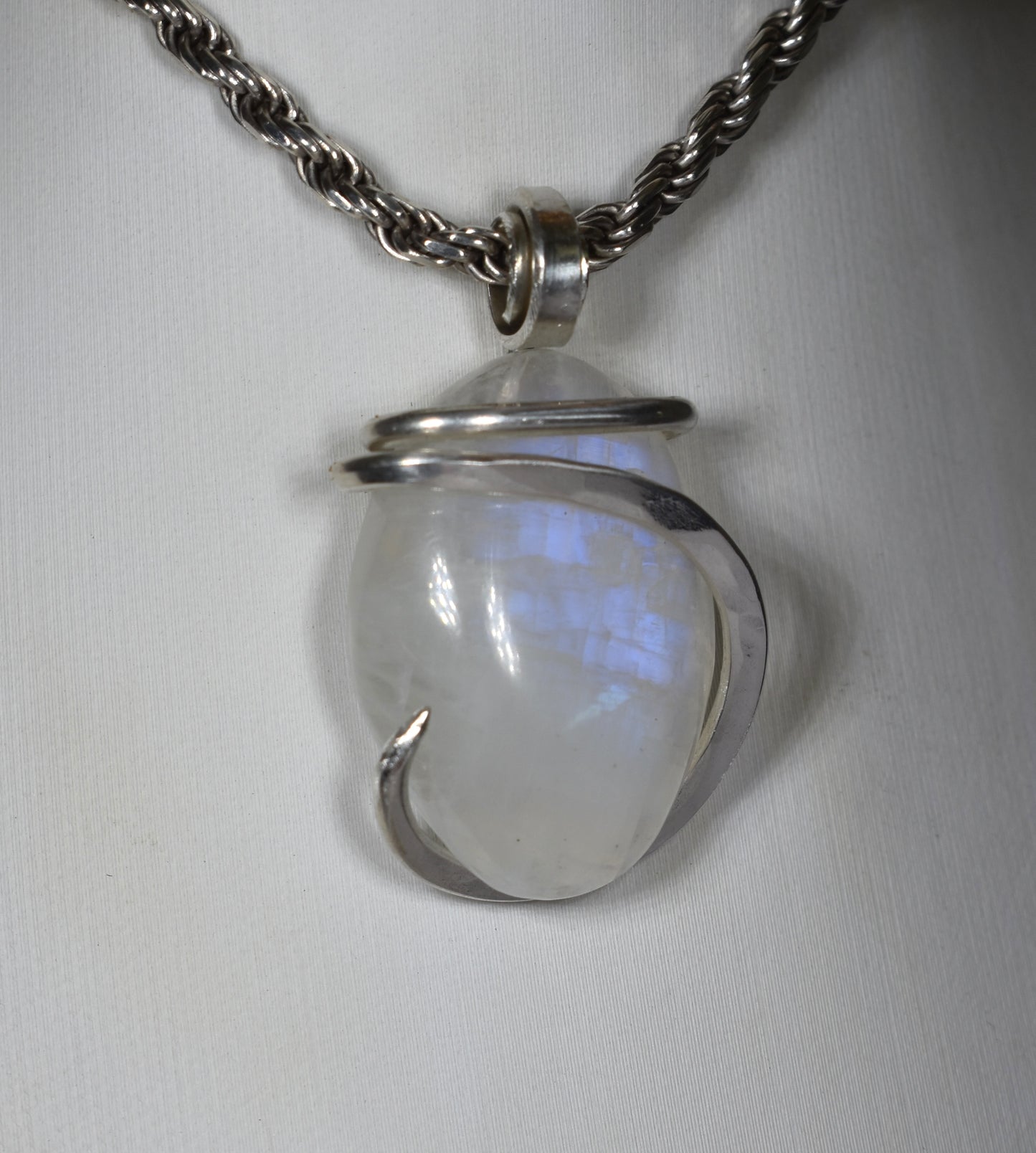 Rainbow Moonstone Handmade Crystal Pendant Wrapped in Silver