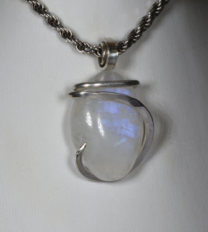 Rainbow Moonstone Handmade Crystal Pendant Wrapped in Silver
