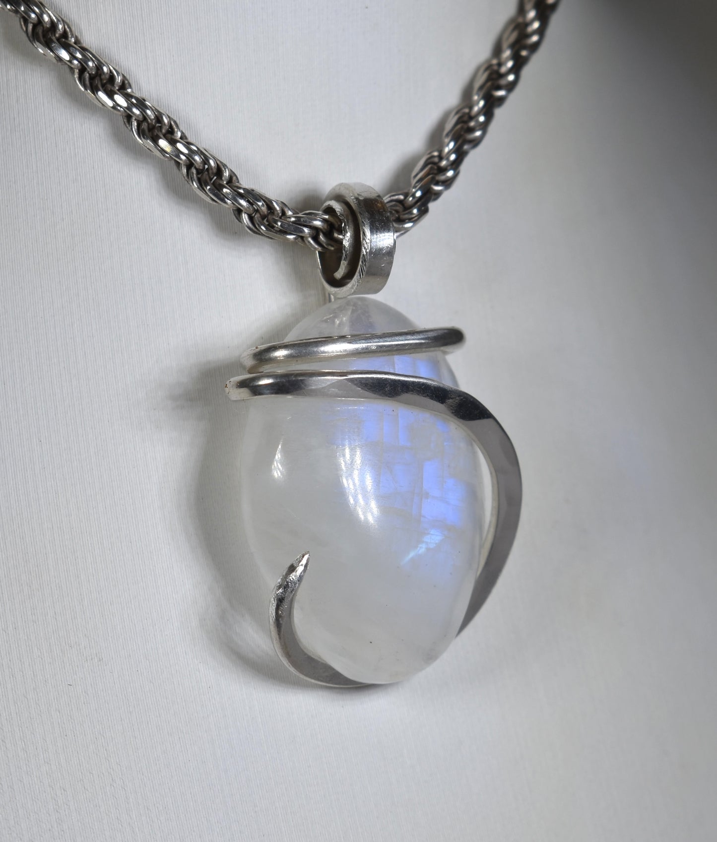 Rainbow Moonstone Handmade Crystal Pendant Wrapped in Silver