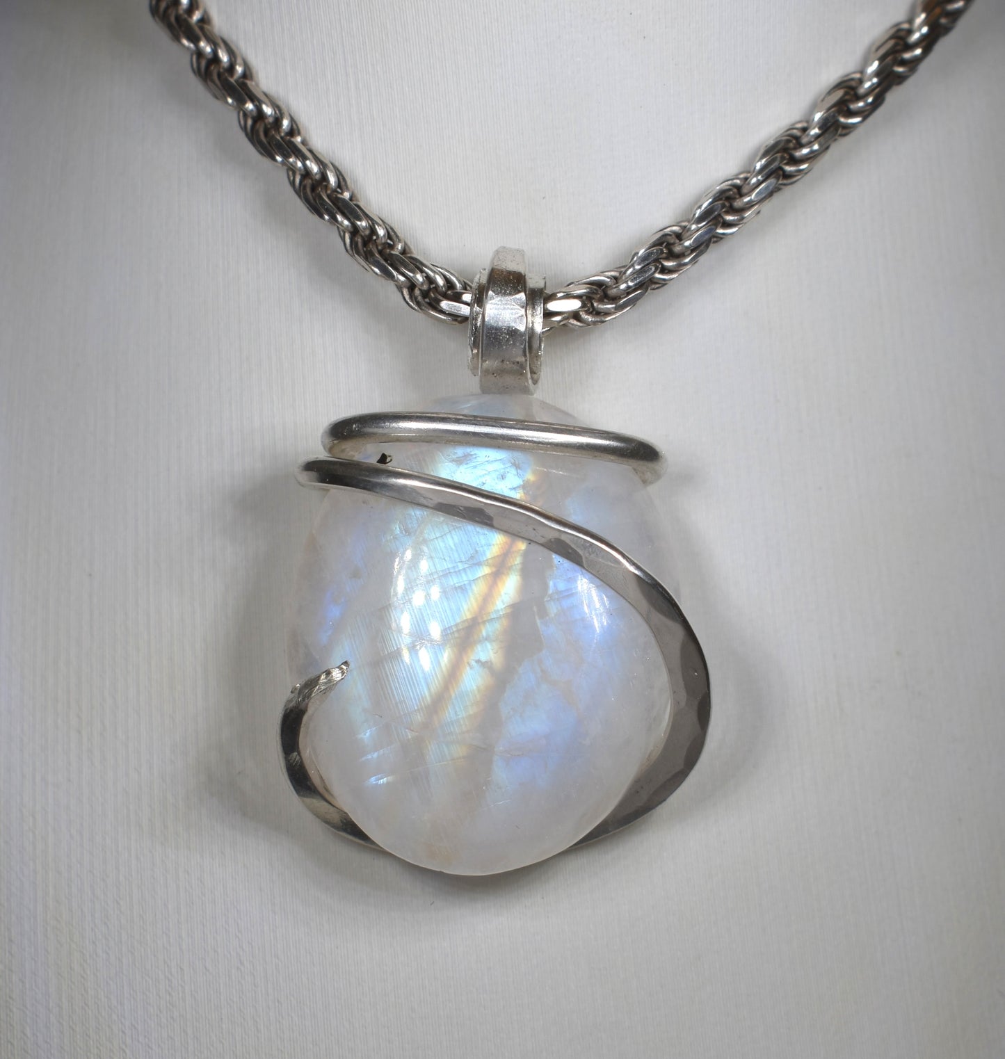Rainbow Moonstone Handmade Crystal Pendant Wrapped in Silver