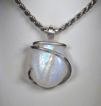 Rainbow Moonstone Handmade Crystal Pendant Wrapped in Silver
