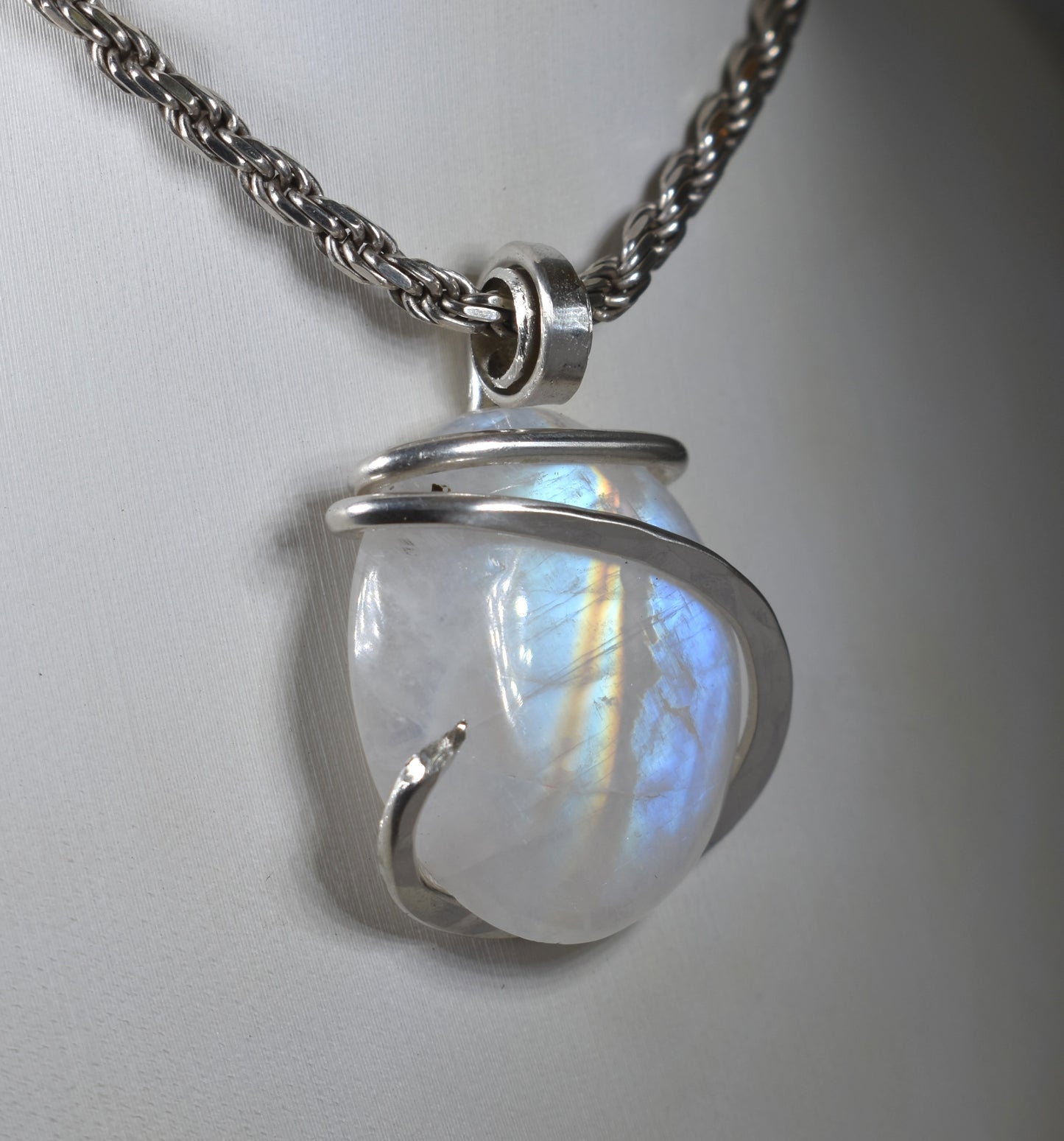 Rainbow Moonstone Handmade Crystal Pendant Wrapped in Silver