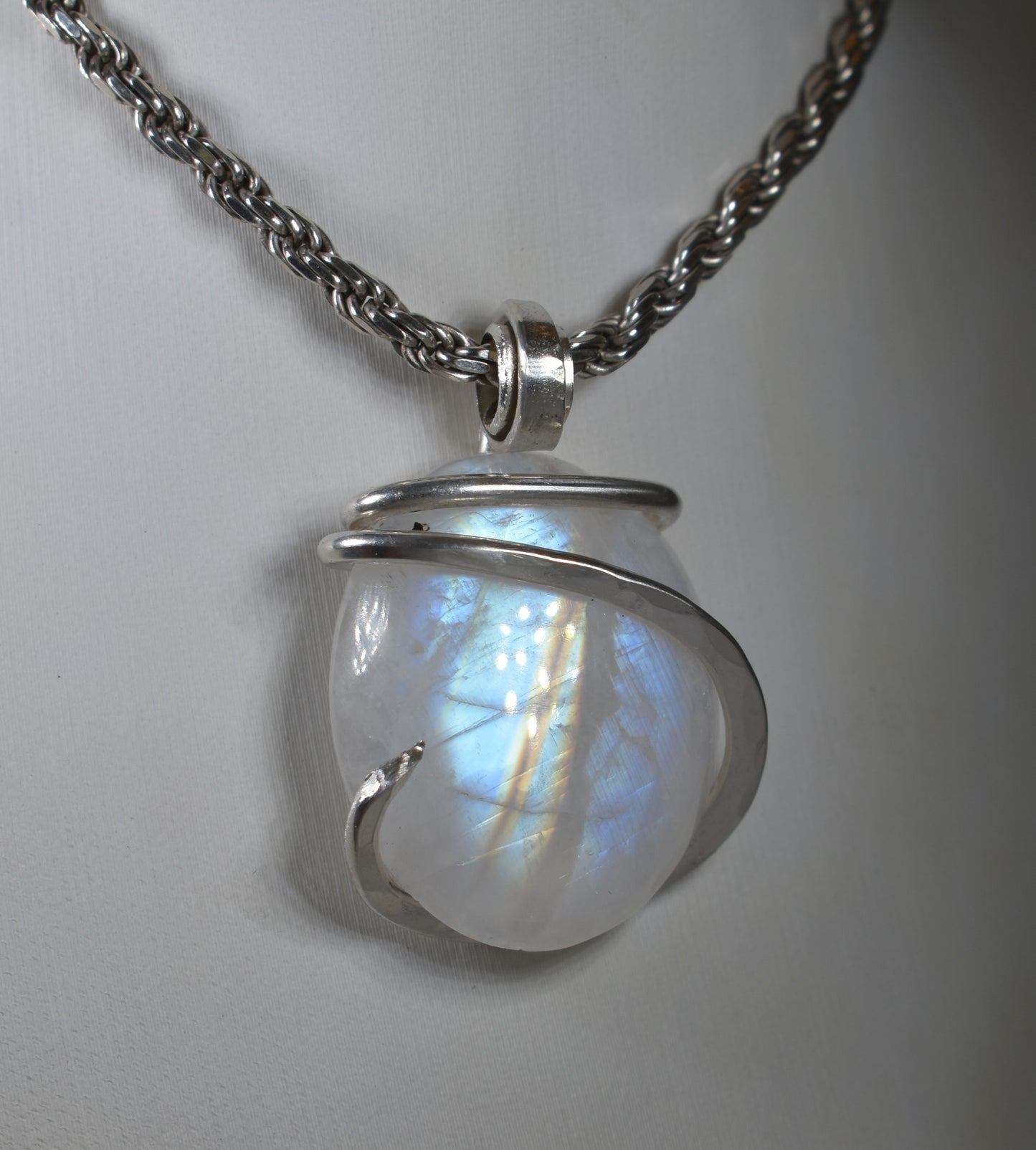 Rainbow Moonstone Handmade Crystal Pendant Wrapped in Silver