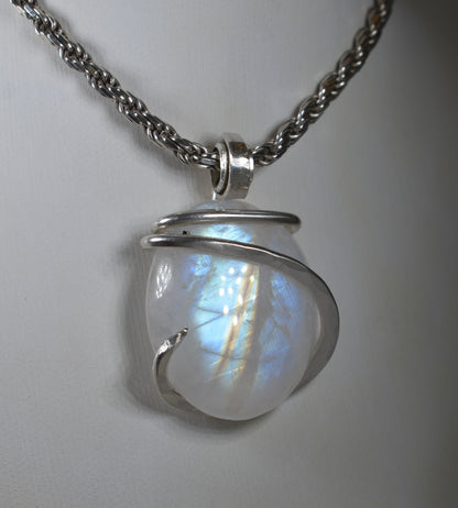Rainbow Moonstone Handmade Crystal Pendant Wrapped in Silver