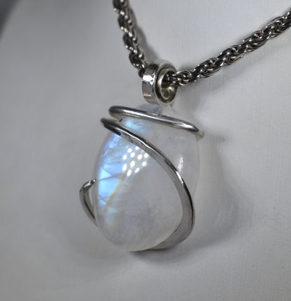 Rainbow Moonstone Handmade Crystal Pendant Wrapped in Silver