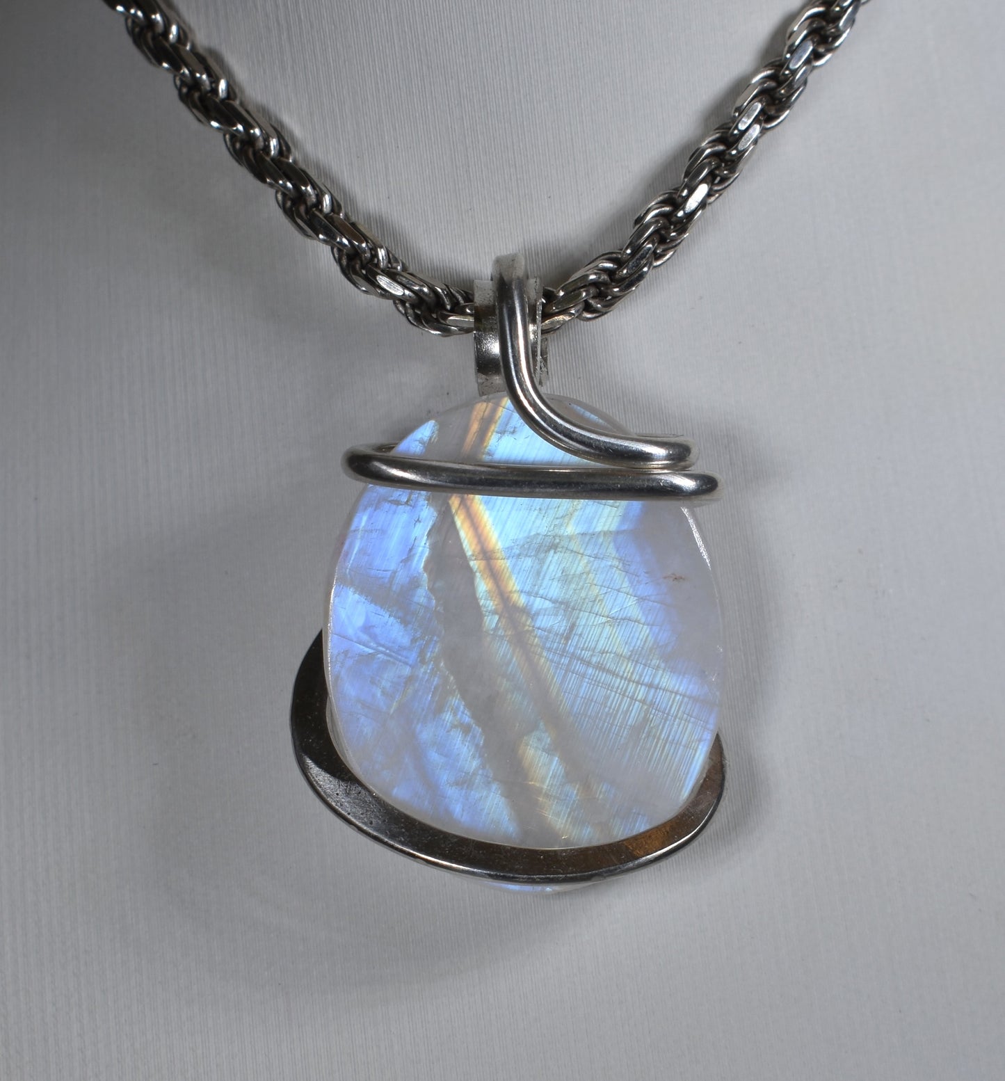 Rainbow Moonstone Handmade Crystal Pendant Wrapped in Silver