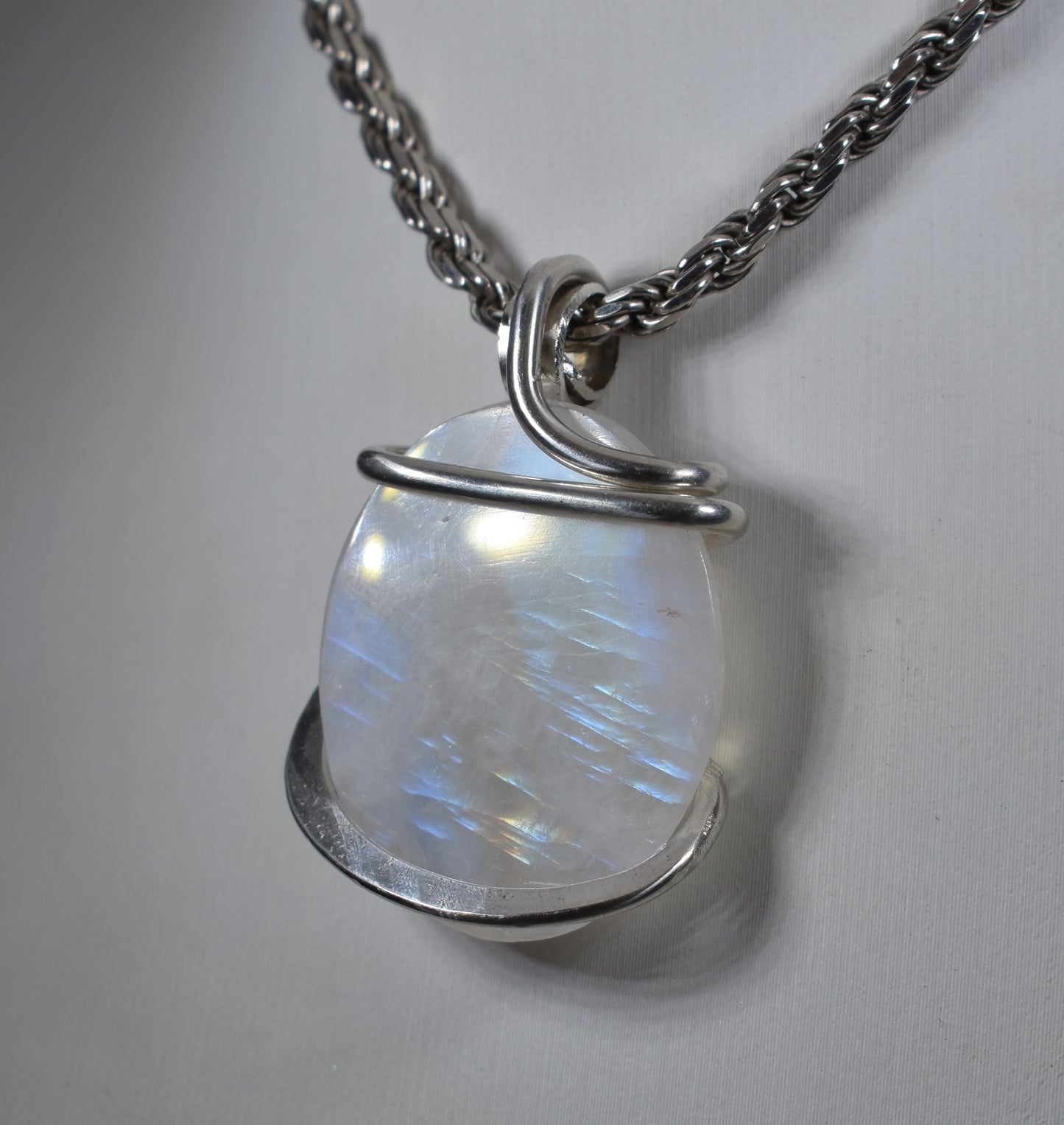 Rainbow Moonstone Handmade Crystal Pendant Wrapped in Silver