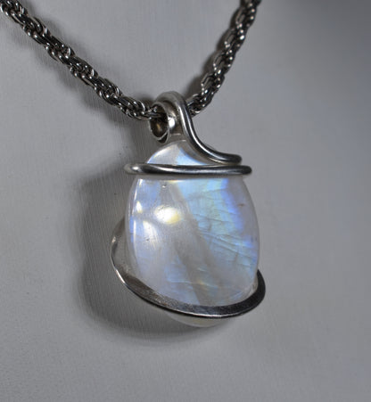 Rainbow Moonstone Handmade Crystal Pendant Wrapped in Silver