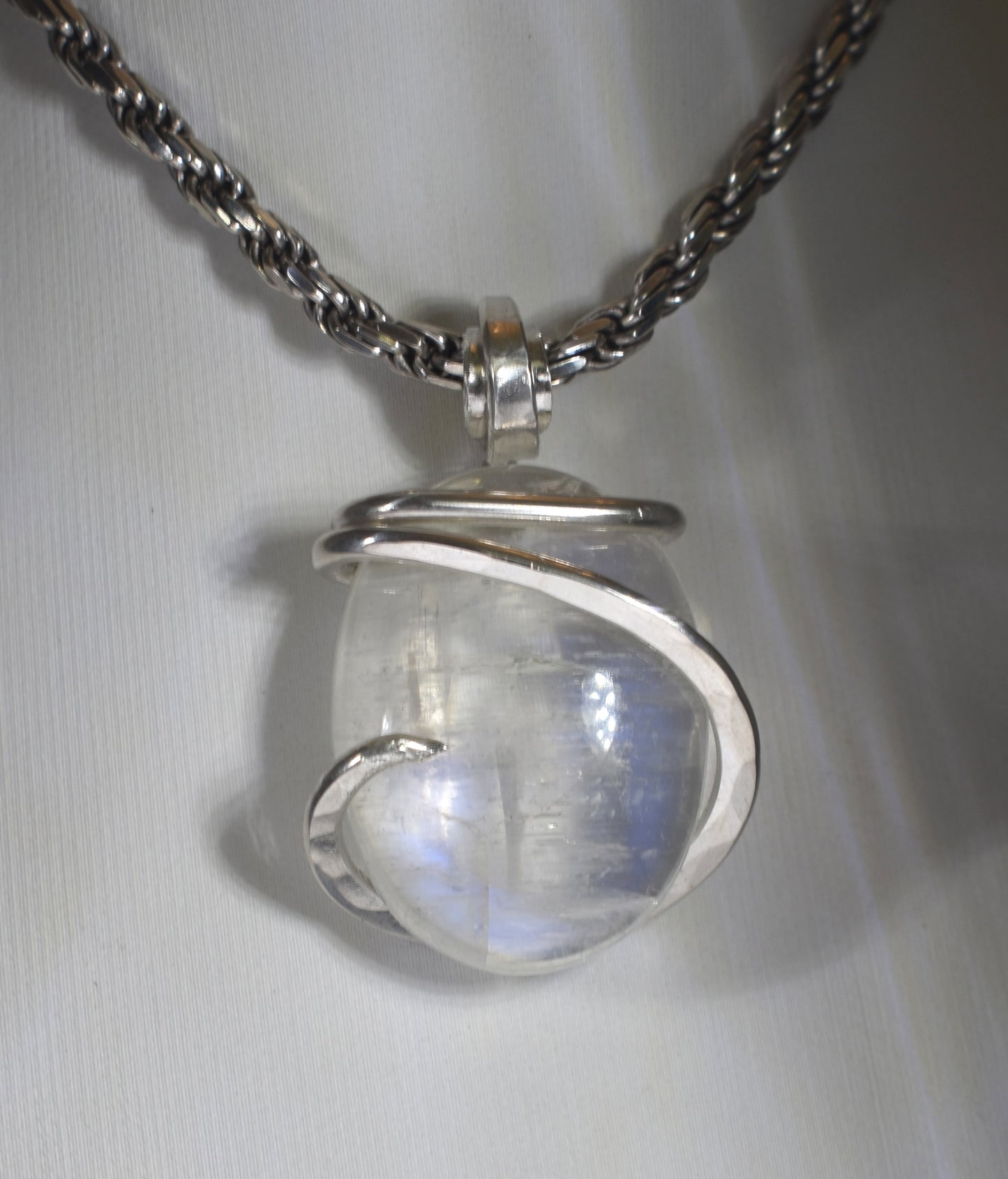 Rainbow Moonstone Handmade Crystal Pendant Wrapped in Silver