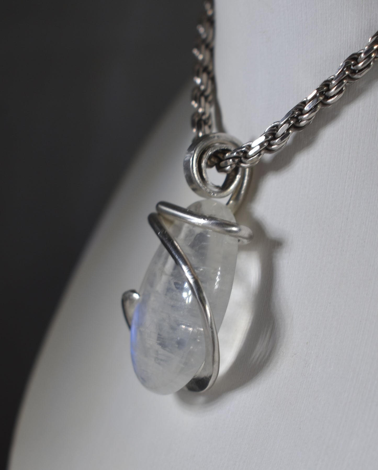 Rainbow Moonstone Handmade Crystal Pendant Wrapped in Silver
