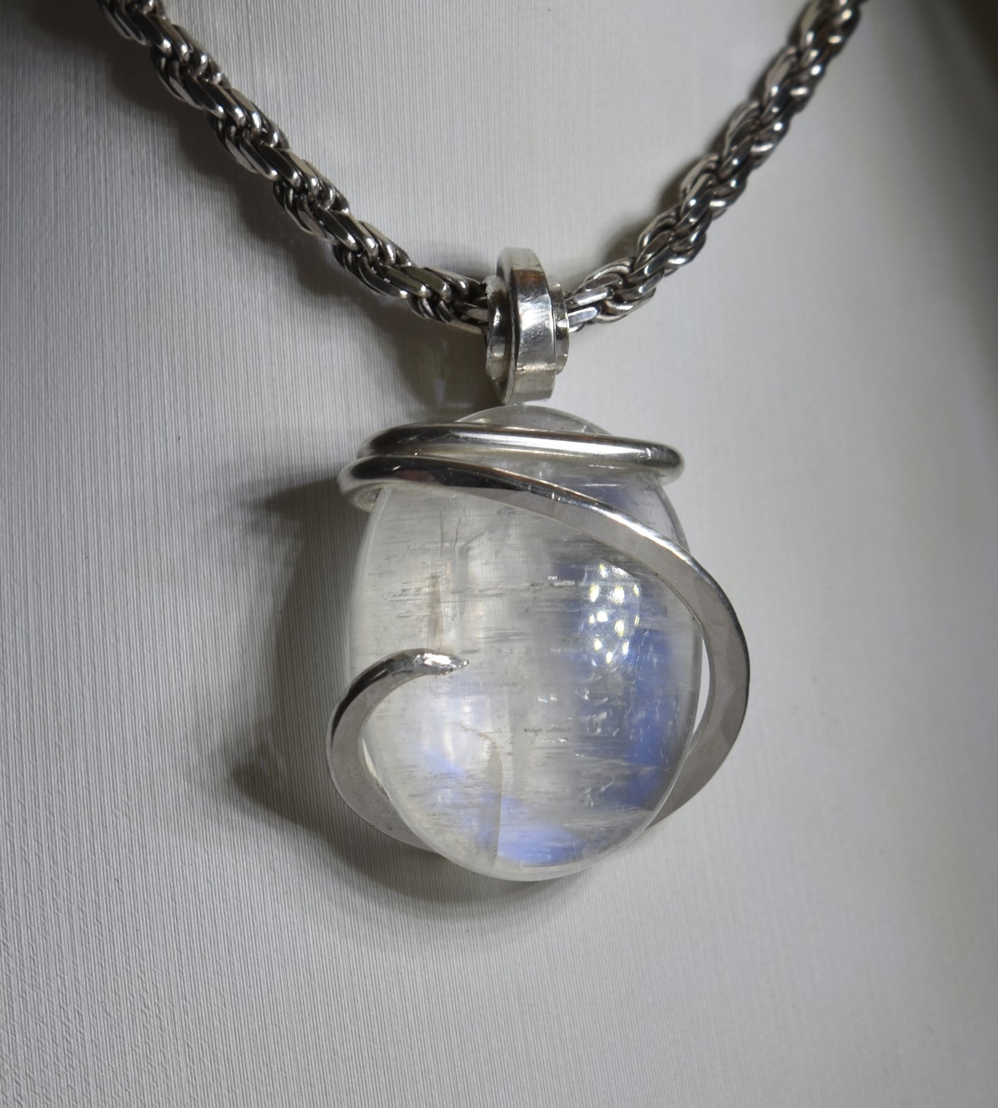 Rainbow Moonstone Handmade Crystal Pendant Wrapped in Silver