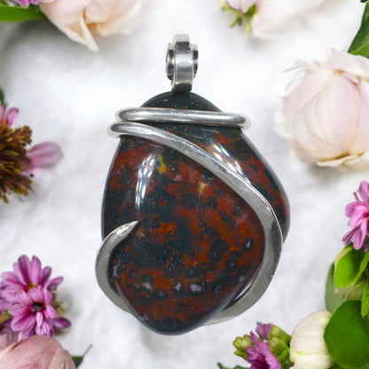 Bloodstone Handmade Stone Pendant Wrapped in Silver