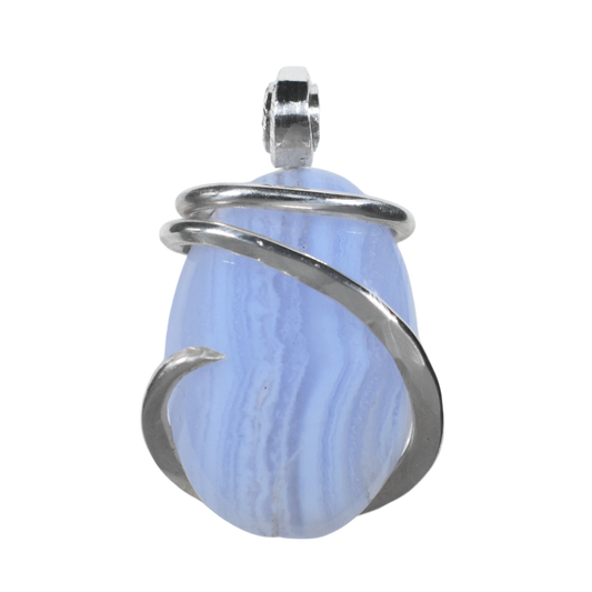 Blue Lace Agate Handmade Stone Pendant Wrapped  in Silver