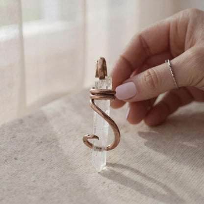 Clear Quartz Point Handmade Crystal Pendant Wrapped in Copper
