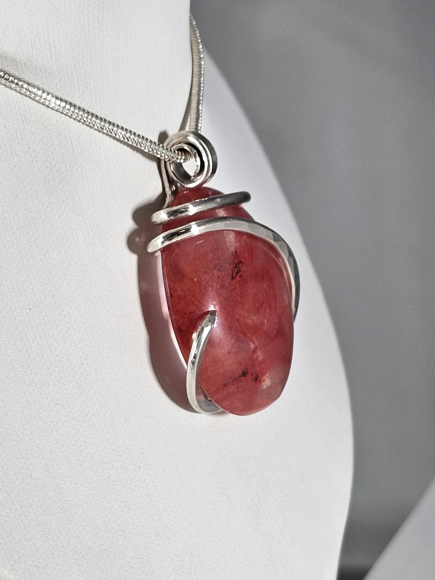 Cherry Quartz Handmade Crystal Pendant Wrapped in Silver