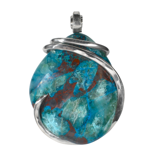 Chrysocolla Handmade Stone Pendant Wrapped in Silver