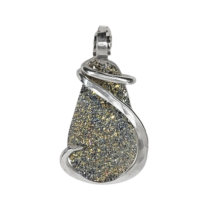 Agatized Drusy Handmade Crystal Pendant Wrapped in Silver
