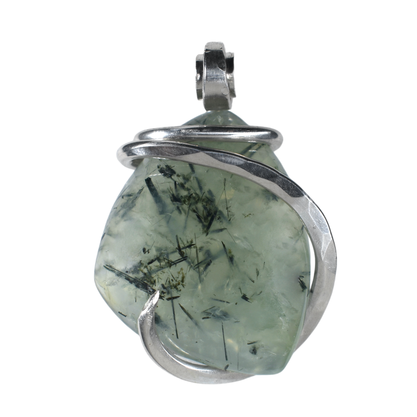 Green Epidote Quartz Handmade Crystal Pendant Wrapped in Silver