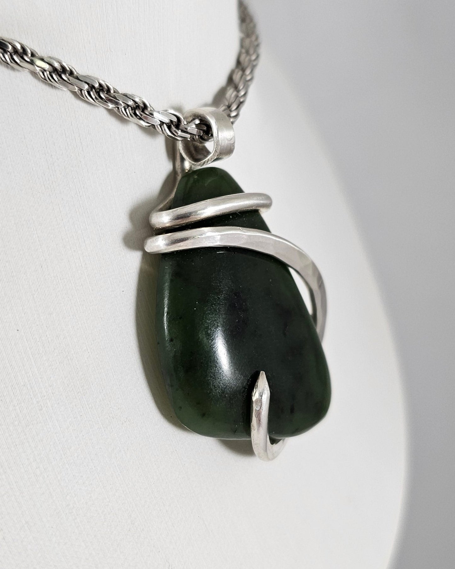 Jade Handmade Stone Pendant Wrapped in Silver