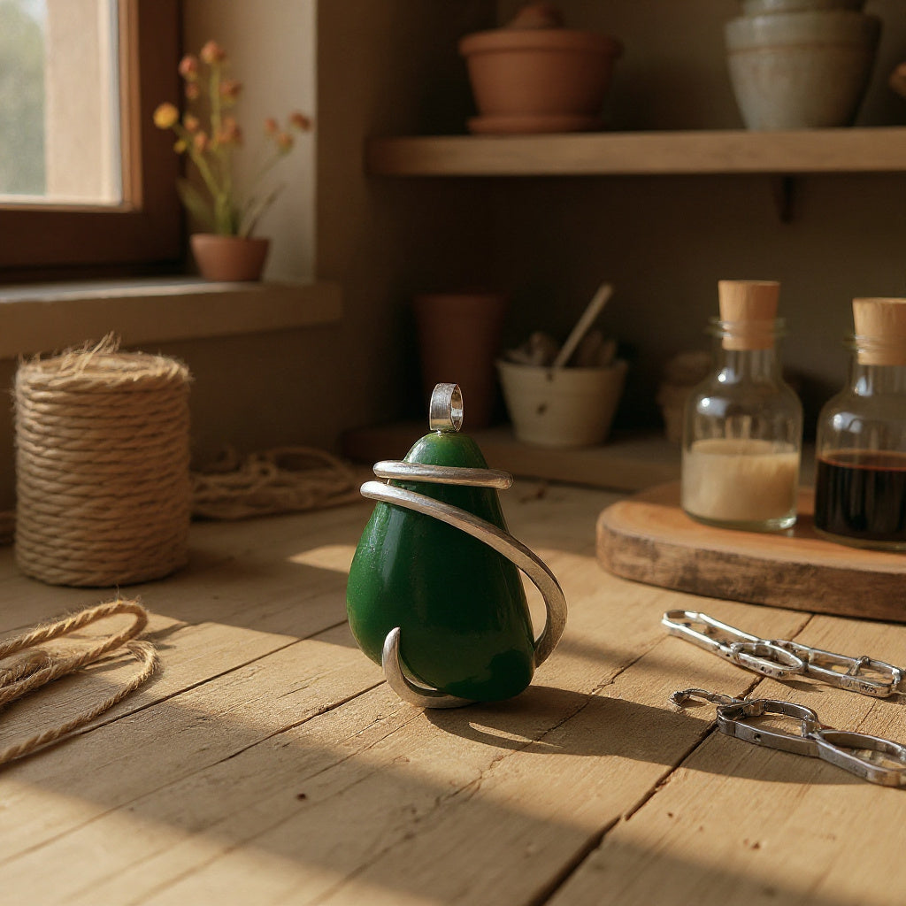 Jade Handmade Stone Pendant Wrapped in Silver