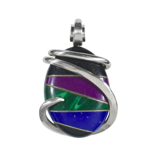 Sugilite, Malachite, Lapis Lazuli and Black Onyx with Silver Inlays Handmade Pendant Wrapped in Silver (Antique Bead)
