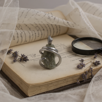 Moldavite Crystal or Tektite (Green Meteorite) Pendant Hand Wrapped in Sterling Silver