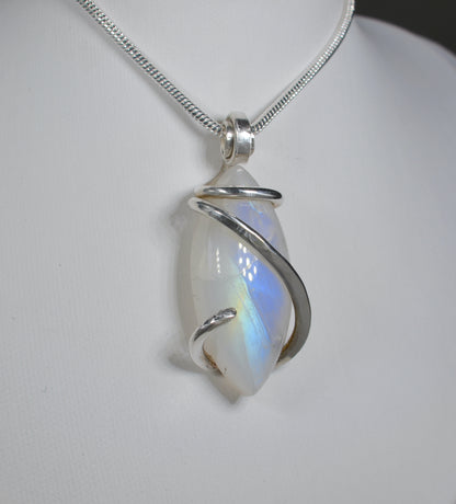 Rainbow Moonstone Handmade Crystal Pendant Wrapped in Silver