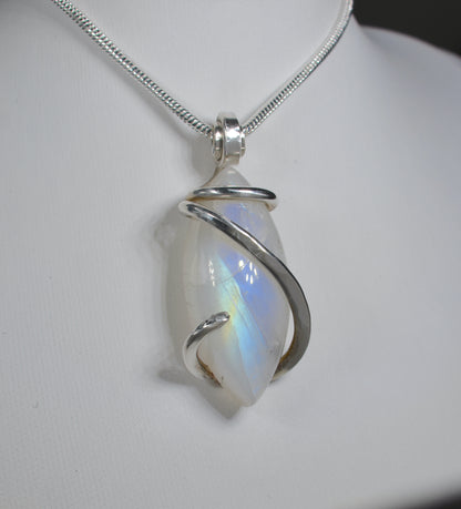 Rainbow Moonstone Handmade Crystal Pendant Wrapped in Silver