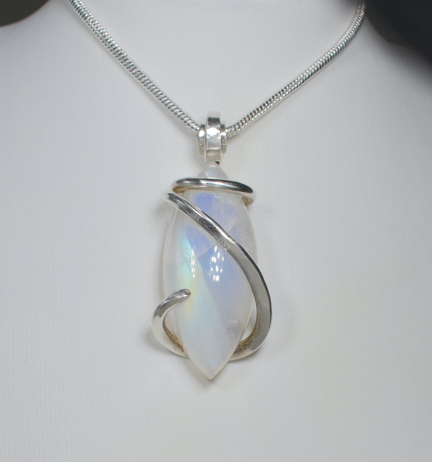 Rainbow Moonstone Handmade Crystal Pendant Wrapped in Silver