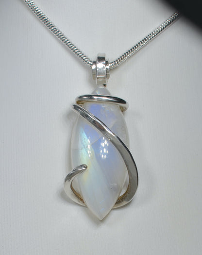Rainbow Moonstone Handmade Crystal Pendant Wrapped in Silver